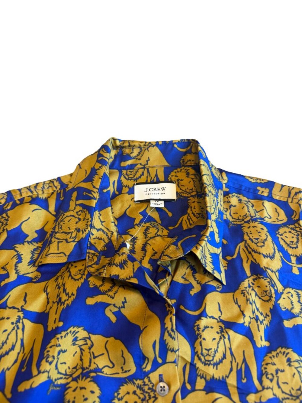 J. Crew Collection Blue Gold Lion Print Silk Shirt Blouse Size 18 Women's NWT - Picture 2 of 14